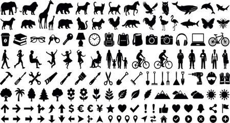 Fototapeta premium Mega bundle of black silhouette icons featuring diverse animals people everyday objects tools and arrows for website graphic design