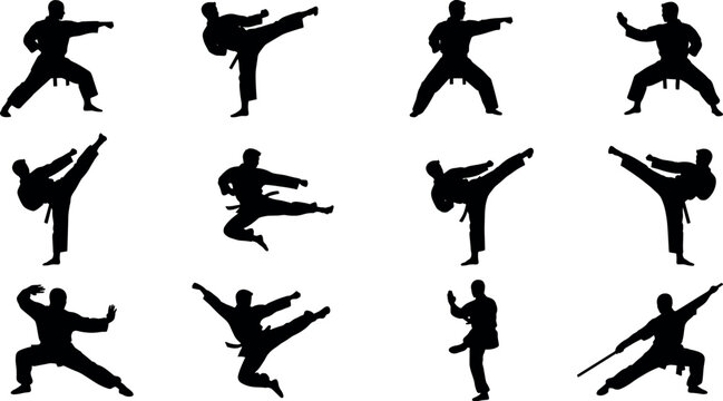 Martial arts karate and taekwondo fighters black silhouette vector icon set for active sports academy commercial marketing website design