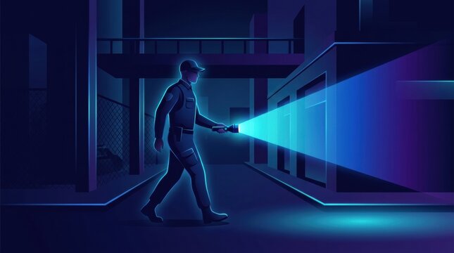 A security guard moves along a dimly lit alley while holding a flashlight to check for any unusual activity at night in an urban setting.