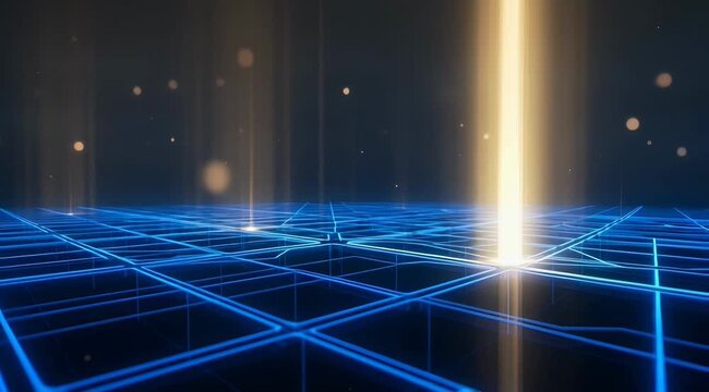 Futuristic Digital Landscape with Glowing Blue Grid and Radiant Beams of Light