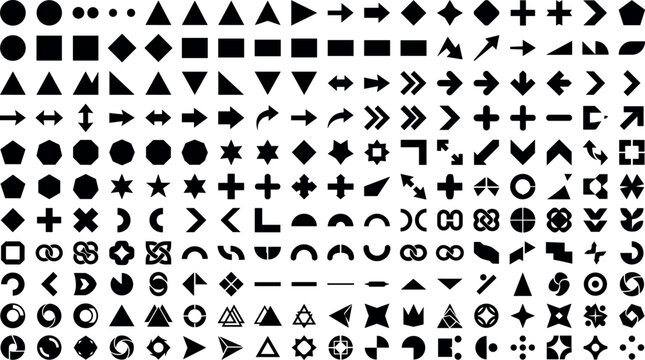 Basic geometric shapes arrows and abstract black silhouette icon mega set for infographic presentation website interface business graphic design