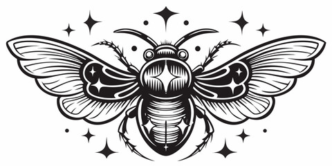 Moth Illustration With Stars Black And White Engraving Style © Hridoy