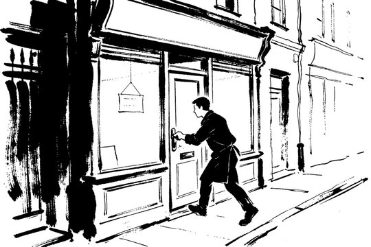 Small business owner opening shop door