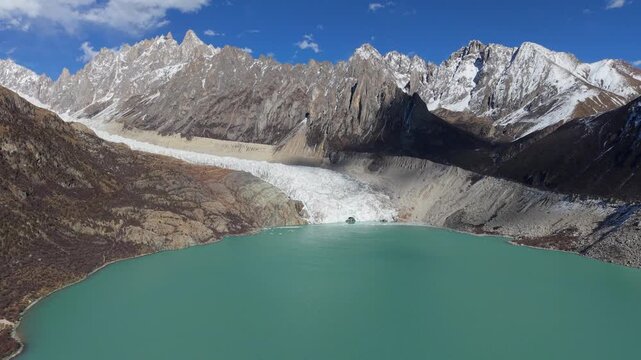 Drone Flyover of Bujia Snow Mountain Glacier and Turquoise Lake, Tibet
