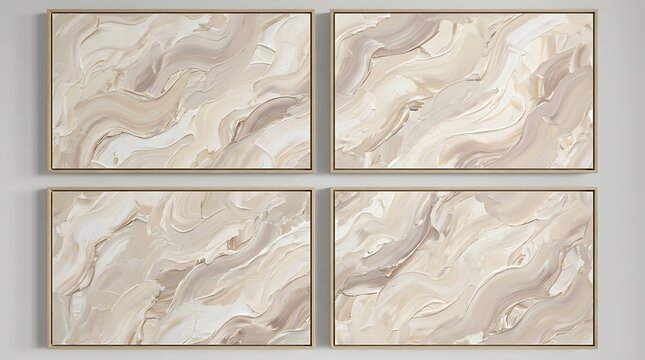 Set of four abstract textured artworks with flowing paint strokes in soft neutral beige and cream colors.