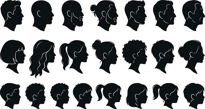 Diverse people profile side view black silhouette vector icons featuring multiethnic men women and children for community website graphics