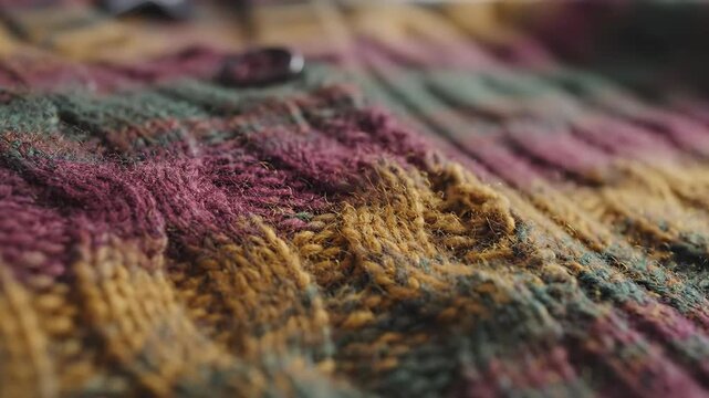 Close-up of multi-colored cable knit cardigan texture. Soft wool fabric with intricate patterns. Fashion and textile detail