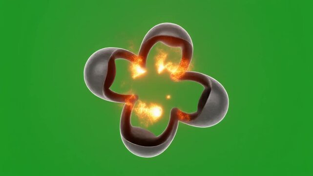 Nuclear fission reaction animation: atomic nucleus splitting with energy release on green screen for AI model
