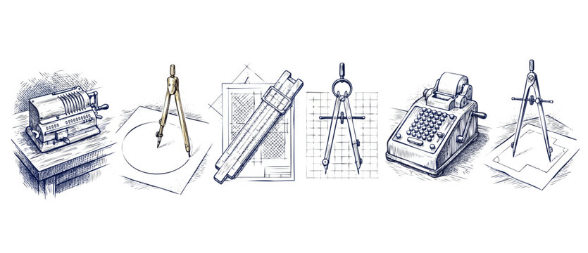 Vintage drafting tools and calculators engraved sketch banner of geometry drawing compass dividers, slide rule, and retro mechanical adding machine on paper for architecture, engineering design.