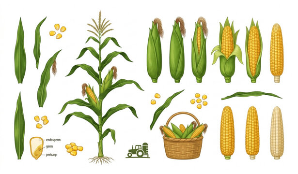 Fresh Corn Stalk and Cob Botanical Vector Set for Agriculture and Food Design
