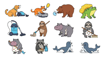 Fototapeta premium Cute cartoon animals performing various household cleaning chores set.
