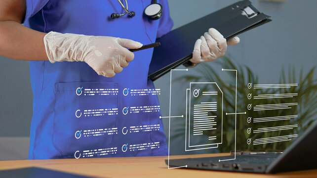 Healthcare professional reviewing digital medical checklist and electronic patient records on clipboard. Healthcare compliance, clinical documentation, patient care management, health technology