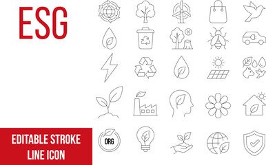 Fototapeta premium ESG editable stroke line icons set for eco friendly business and investment strategies