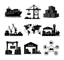 Obraz premium Logistics and shipping icon set with cargo ship crane warehouse and global network silhouette