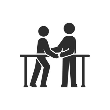 Medical consultation and rehabilitation support icon. Therapist assisting patient. Monochrome black and white symbol