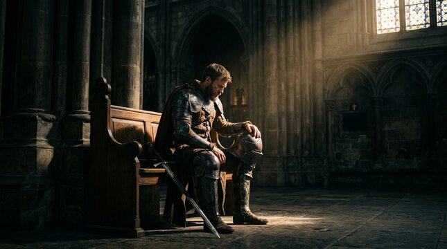 knight armor medieval castle king queen throne sword helmet chivalry honor bravery warrior battle victory defeat lonely sad reflection regret sorrow fatigue weary knight armor