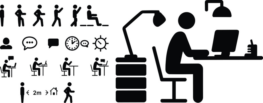 Icons representing office work, communication, time management, and social distancing at a desk computer