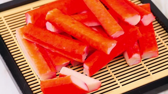 Fresh crab sticks rest on a bamboo tray.