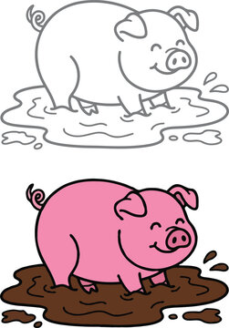 Cute Cartoon Pig in Mud Puddle Coloring Page