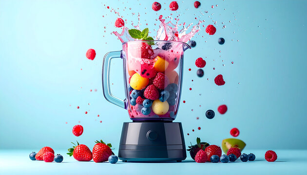 Fruit smoothie splash in blender with fresh strawberries and blueberries on blue background