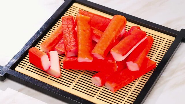 Fresh crab sticks rest on a bamboo tray.