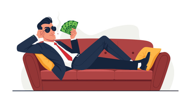 Wealthy businessman in a suit and sunglasses relaxing on a red couch while holding a fan of cash dollar bills.