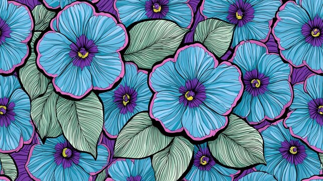 Close-up vibrant floral wallpaper design with light blue flowers featuring pink edges, purple and yellow centers, all defined by dark black outlines, surrounded by light green leaves