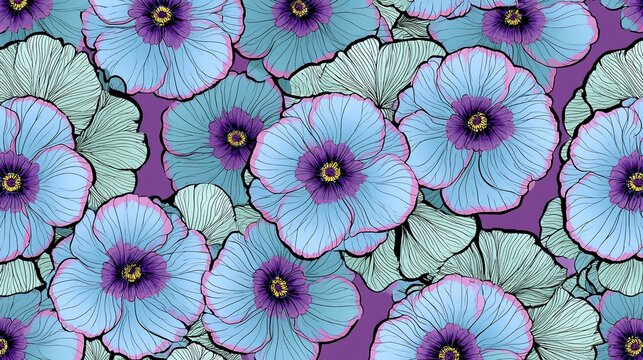 Close-up vibrant floral wallpaper design with light blue flowers featuring pink edges, purple and yellow centers, all defined by dark black outlines, surrounded by light green leaves