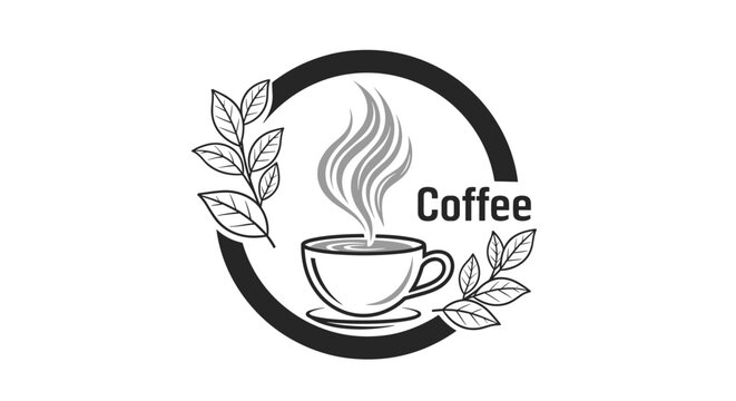 Elegant circular coffee logo featuring a hot cup with rising steam and decorative tea or coffee leaves in black and white.