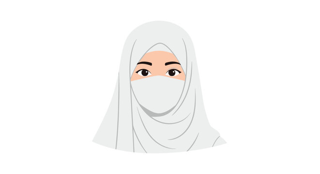 Portrait of a modern Muslim woman wearing a white hijab and face covering niqab on a clean white background, vector illustration.