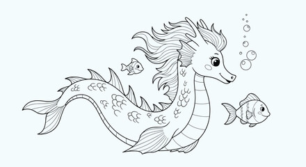 Fototapeta premium Black and white coloring page illustration of a magical dragon seahorse swimming with little fish under the sea.