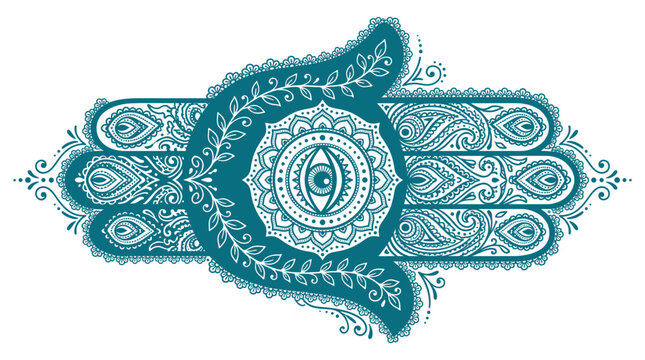 Ornamental Hamsa Hand Pattern Silhouette Vector Design Boho Mandala Paisley Protection Spiritual Wall Art Tattoo Clipart EPS 