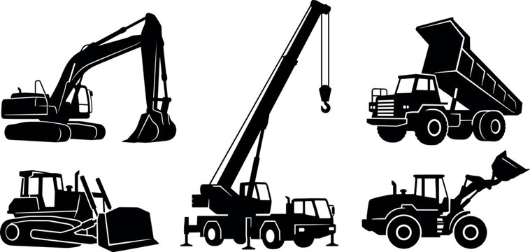 Heavy construction machinery and industrial vehicles black silhouette icon set for building engineering logistics marketing website graphic design