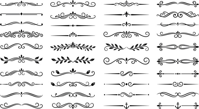Vintage calligraphic text dividers and elegant black scroll flourish line elements mega set for wedding invitation book layout decoration