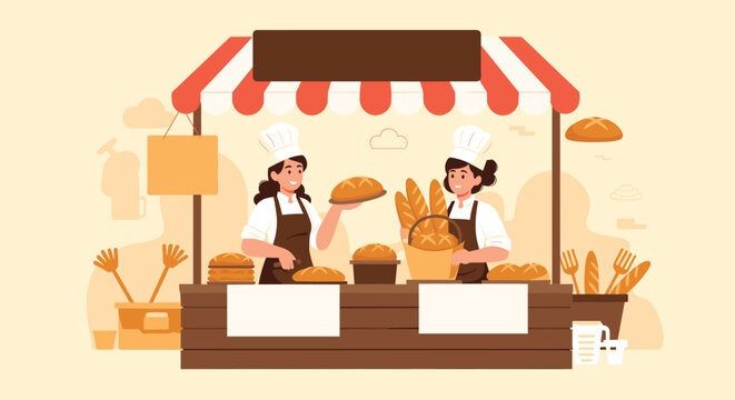 Two friendly female bakers in white chef hats and aprons stand behind a wooden counter filled with fresh bread.