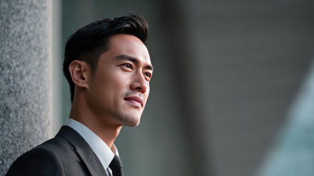 Asian Businessman Looking Ahead: A handsome Asian businessman in a sharp suit and tie leans against a modern building, his gaze fixed on the future with a confident and optimistic expression.
