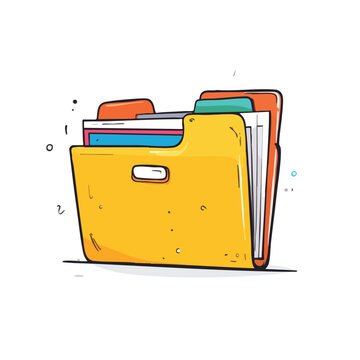 Cartoon yellow file folder with documents and tabs.