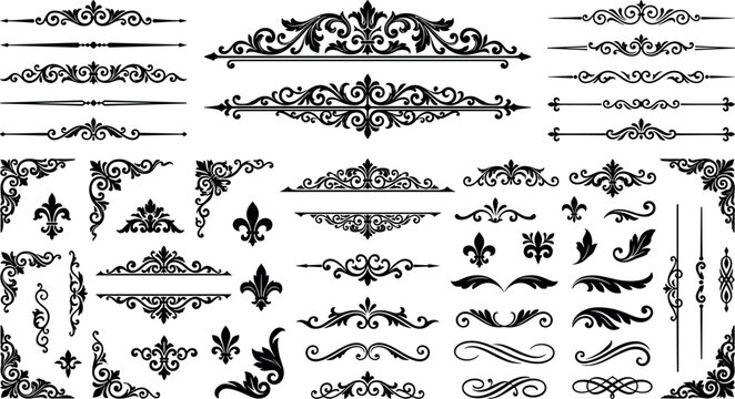 Luxury vintage black calligraphic dividers ornamental corners and decorative elements vector set for elegant wedding invitation certificate book decoration