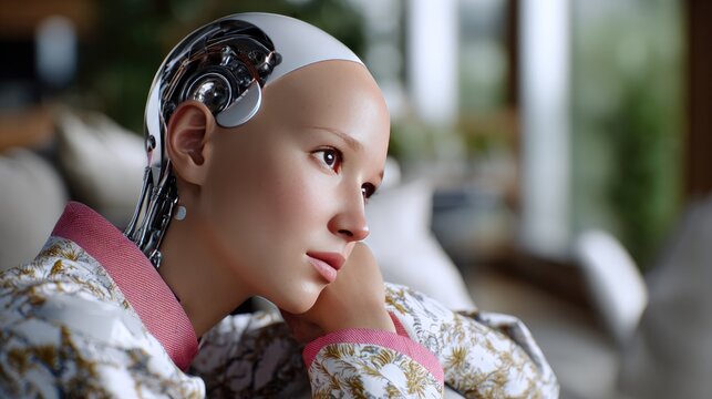 Humanoid robot with a thoughtful expression, seated and looking away, with intricate mechanical details visible.