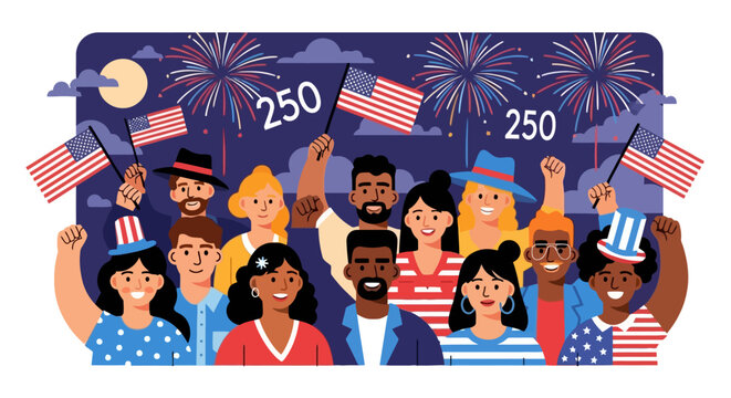 Diverse crowd celebrating american independence with fireworks