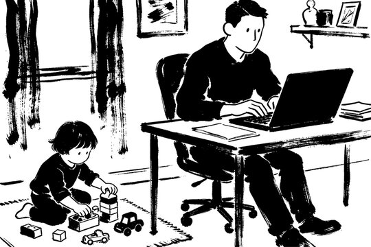 Father working laptop child playing floor