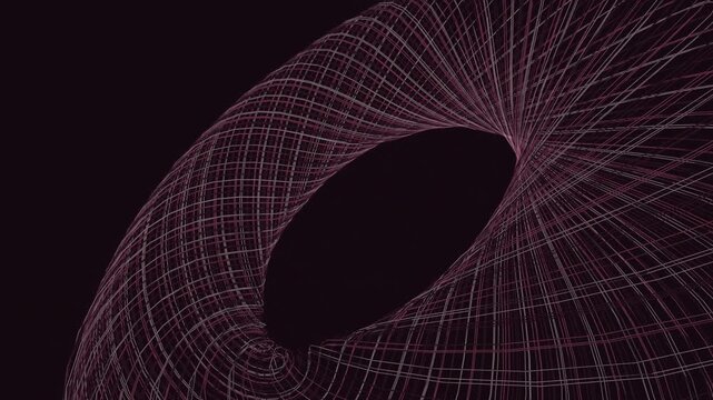 Luminous rose quartz parametric lines weave into an intricate torus knot structure, swirling gently across an all-over dark field. This elegant mathematical geometry creates a mesmerizing, premium 