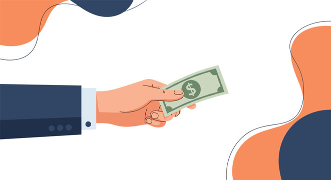 Close up of a businessman hand in a dark suit sleeve holding and presenting a green one dollar bill to pay.