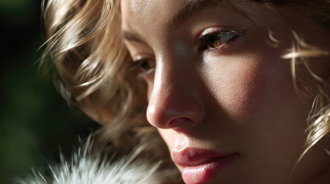 Captivating Gaze: A close-up portrait captures the nuanced beauty of a woman's face, her eyes conveying a sense of introspection and gentle emotion under soft lighting.