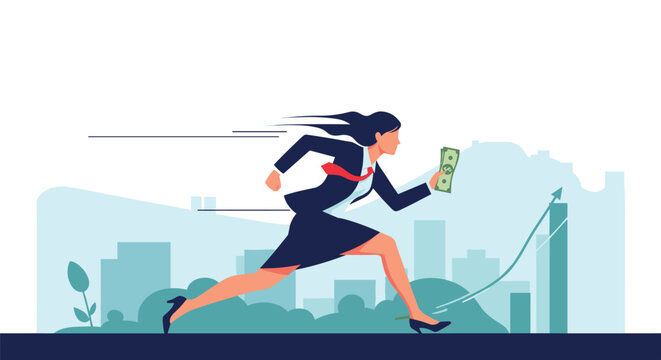 Determined businesswoman running extremely fast while holding cash against a backdrop of city skyline.