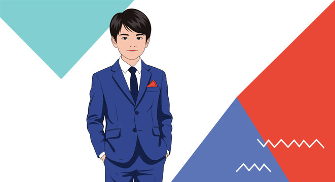 Elegant young schoolboy in a sharp blue suit standing confidently against a colorful modern geometric background.