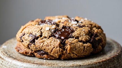 Fototapeta premium Warm chocolate chip cookie with melted dark chocolate and sea salt