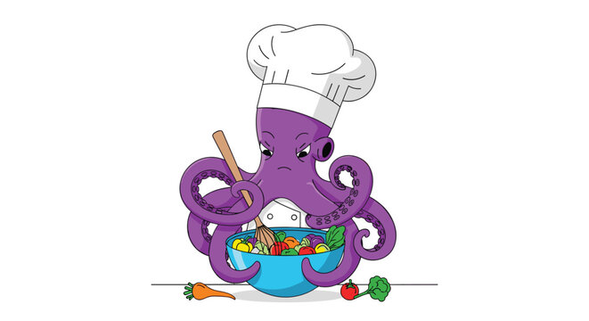 Angry purple octopus wearing a white chef hat uses its multiple tentacles to stir a healthy vegetable salad.