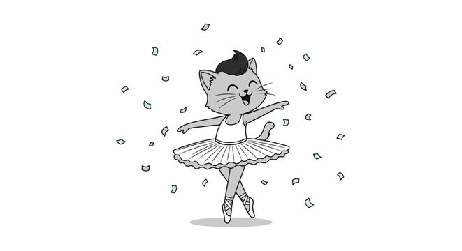 Adorable grey kitten ballerina wearing white tutu and pointe shoes while dancing under falling confetti particles.