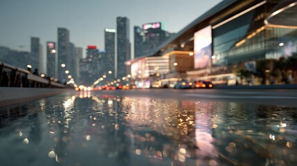 Obraz premium Urban Symphony of Lights: A rain-slicked city street at dusk, reflecting the vibrant neon glow of skyscrapers and bustling traffic, creating a mesmerizing urban landscape.